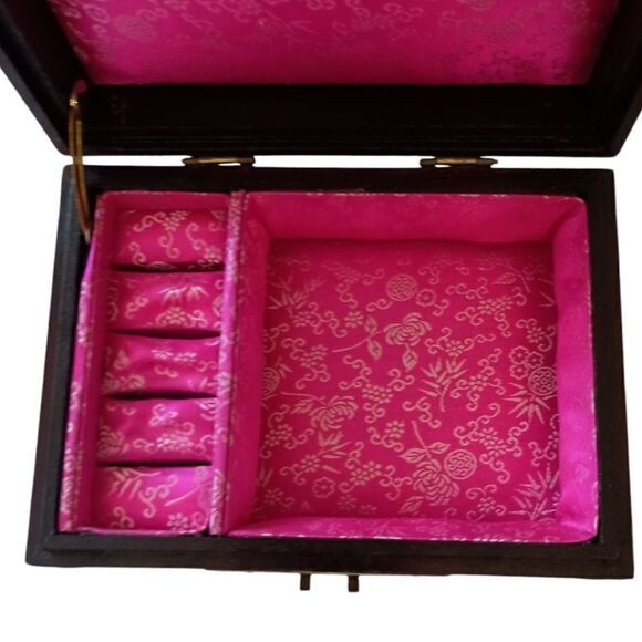 Vintage Cloisonne Wooden Jewelry Box Asian Brass Floral Rosewood Silk Lined - Picture 7 of 16